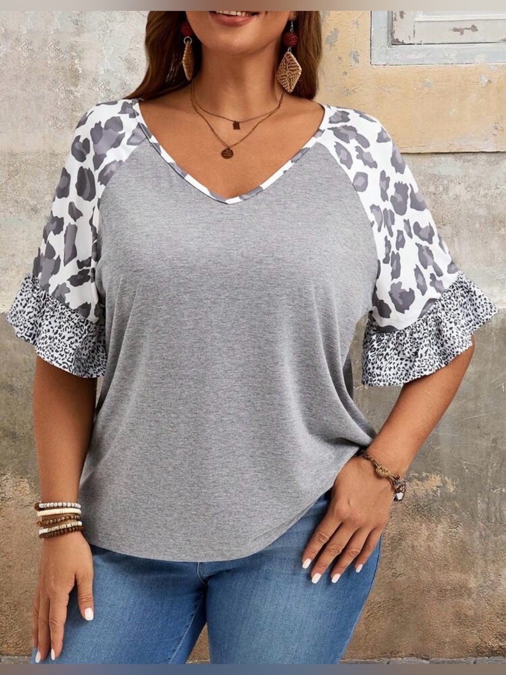 SHEIN Grey V-Neck Top with White & Grey Leopard Raglan Sleeves